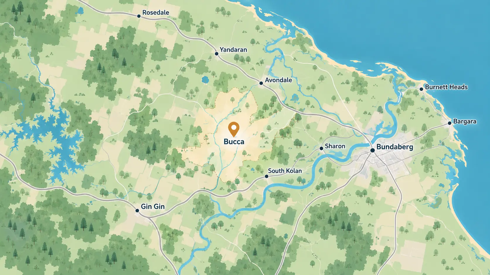 Illustrated map of the Wide Bay service area, centred on Bucca and showing surrounding communities including Bundaberg, Gin Gin, Rosedale, Burnett Heads and Bargara.
