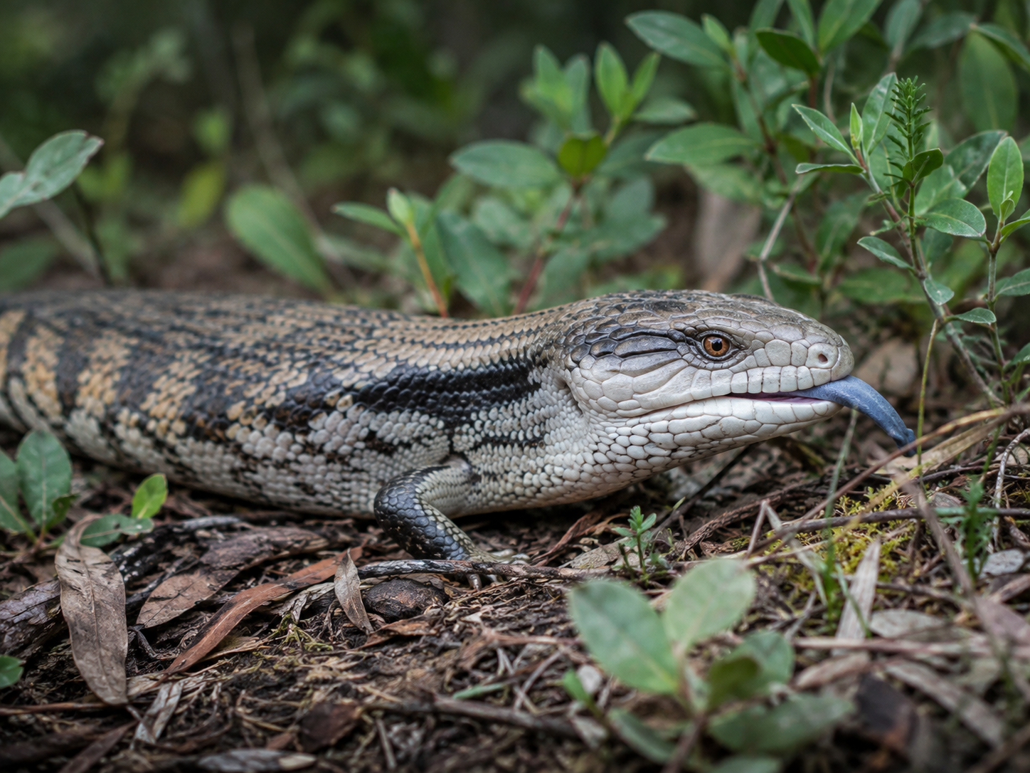Blue-tongue lizard in native groundcover